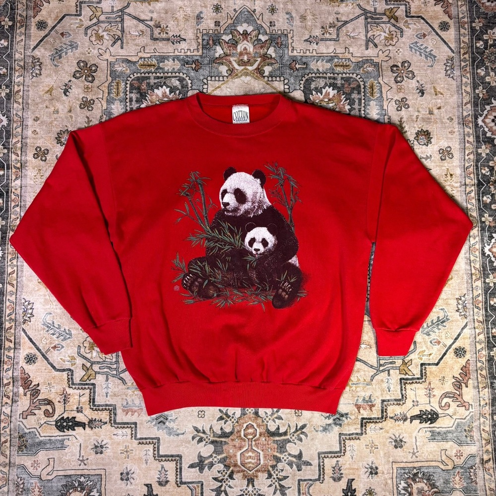 Vintage Cotton Grove Designs Panda Bamboo Red Sweatshirt 90s XL Made in USA Y2K